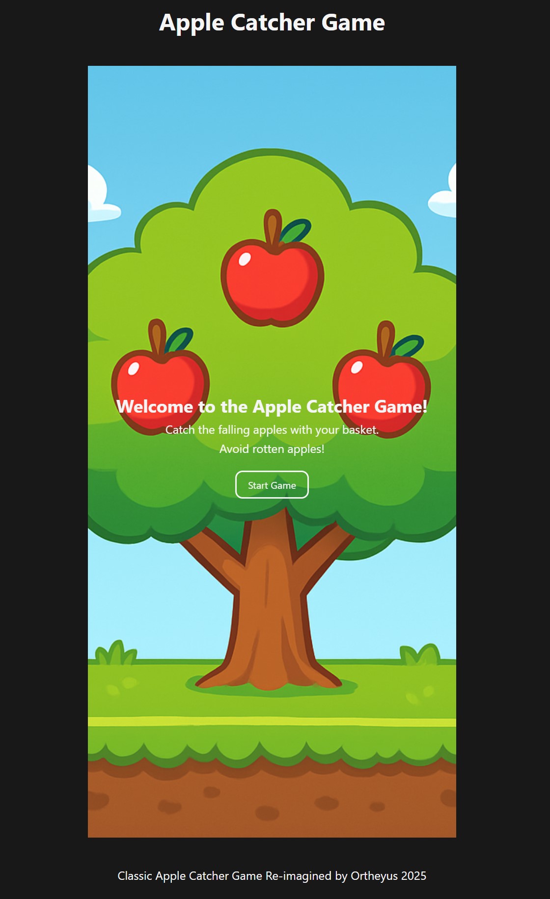 A screenshot of the Apple Catcher home screen on a mobile browser.