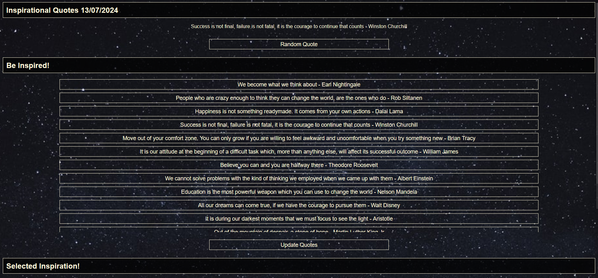 A screenshot of the inspirational quotes home web app