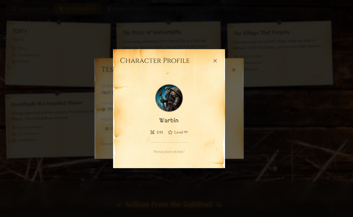 A screenshot of the living world quest board web app character modal