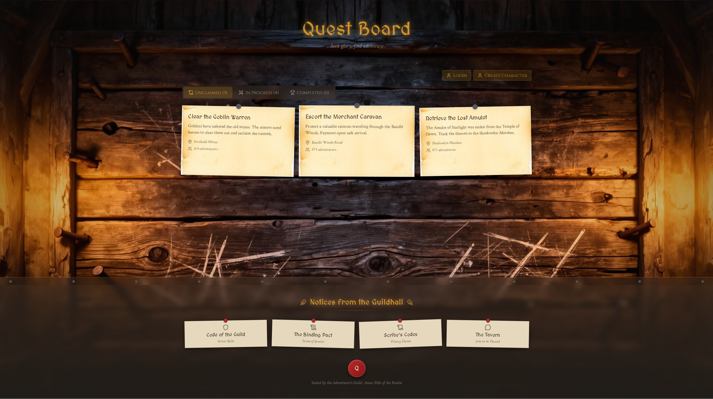 A screenshot of the living world quest board web app home screen
