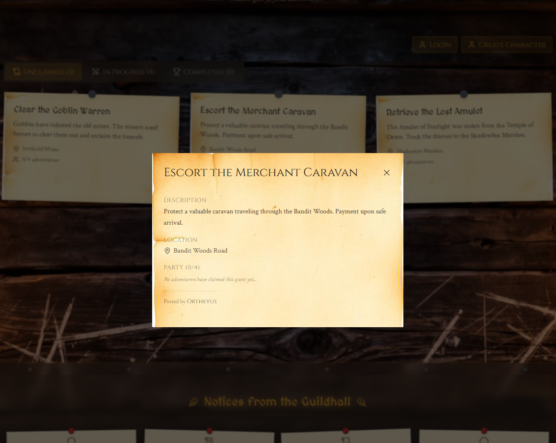 A screenshot of the living world quest board web app quest modal