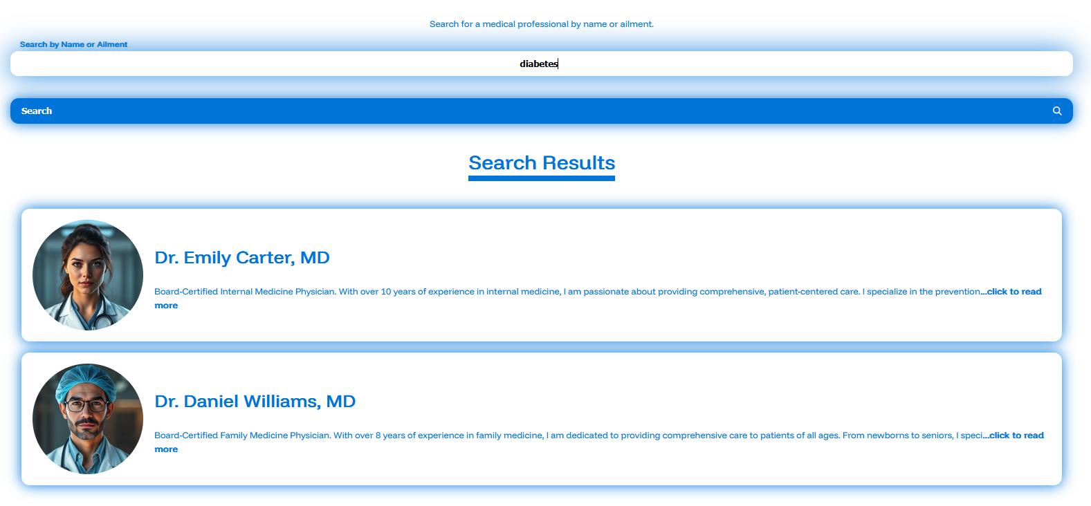 A screenshot of a Medical Portfolio search page