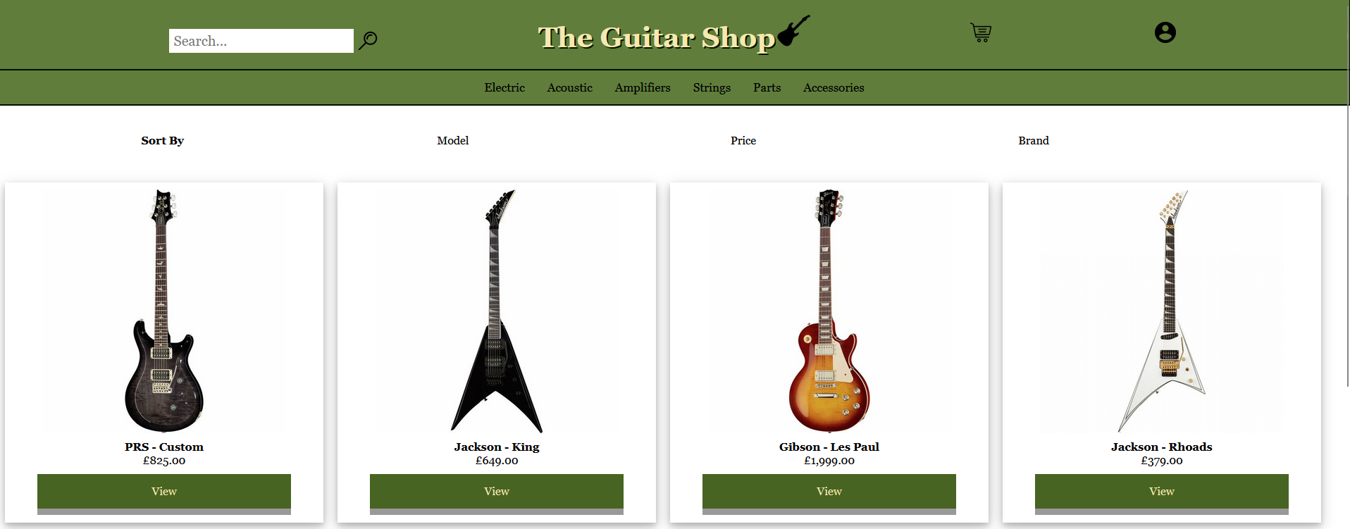 A screenshot of the guitar shop listing page