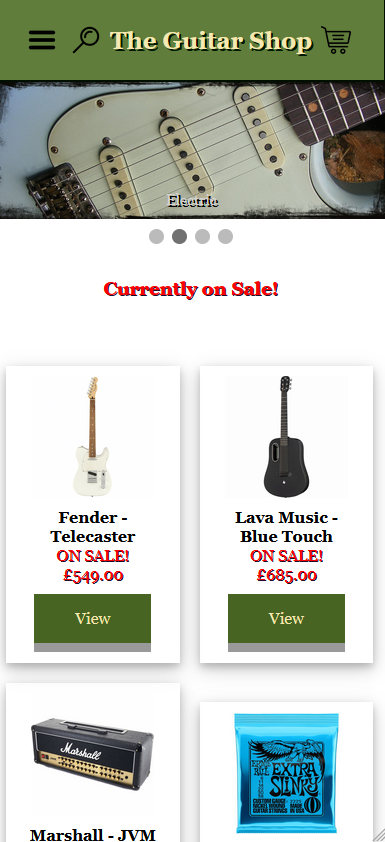 A screenshot of the guitar shop home page on mobile
